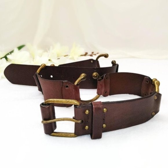 Handmade Belt Brown Genuine Leather Brass Tongue Buckle Antiqued Horseshoe Links - Picture 6 of 13